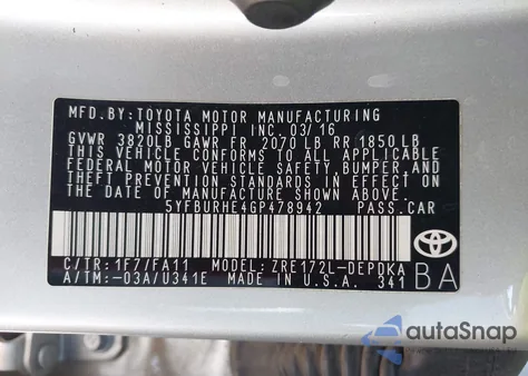 2016 Toyota Corolla L from USA, damaged, VIN 5YFBURHE4GP478942